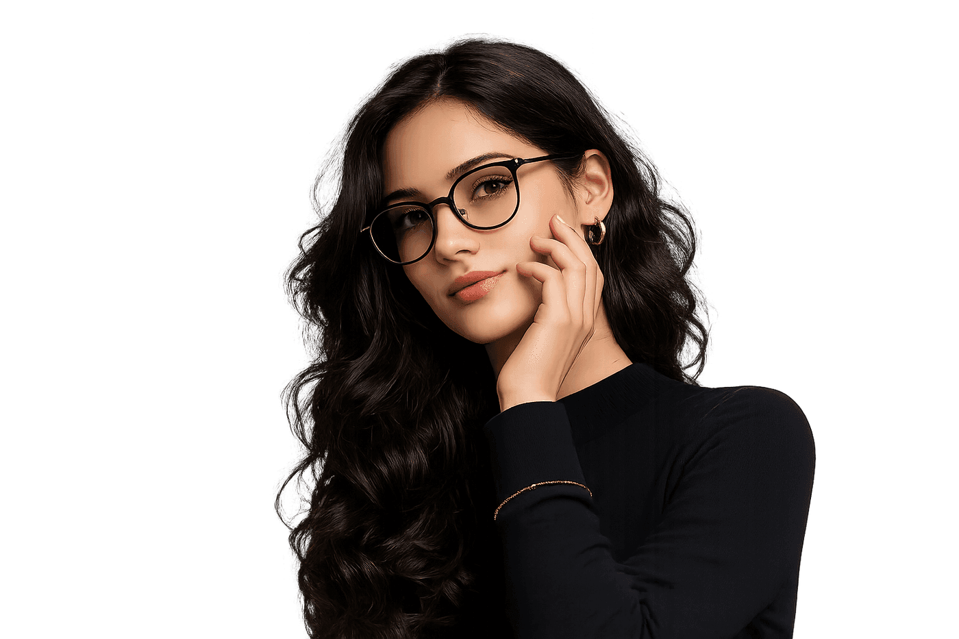 Model wearing round black-rimmed eyeglasses
