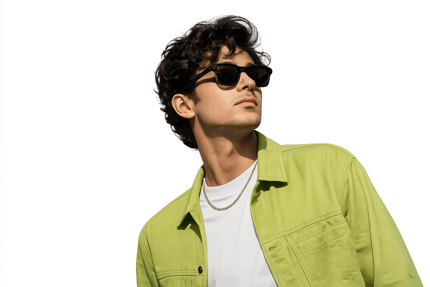 Model wearing black square sunglasses and a lime green jacket